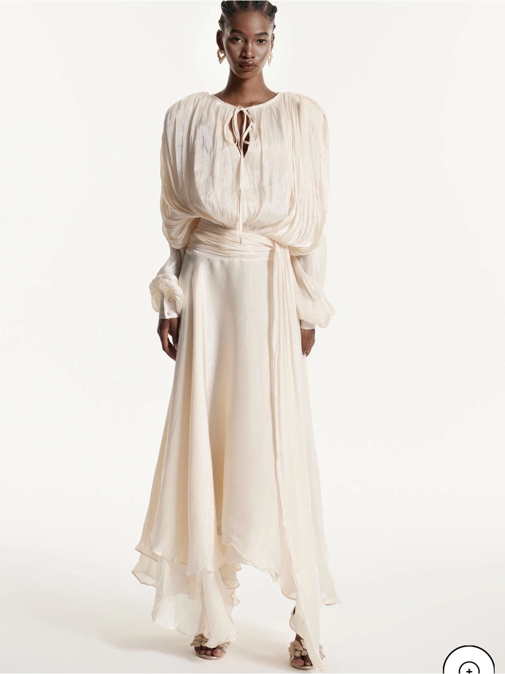 Innovare Denim Aminah Balloon Sleeve Ruch Ruffle Maxi Dress Small Cream Shimmer